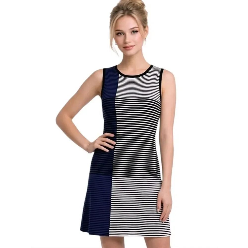 Vince Comuto Striped Blue, White & Black A-Line Midi Dress Size M NWOT